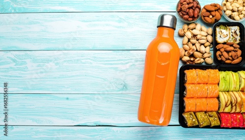 Overhead view of colorful sushi, nuts, and an orange bottle against a light blue wood panel background