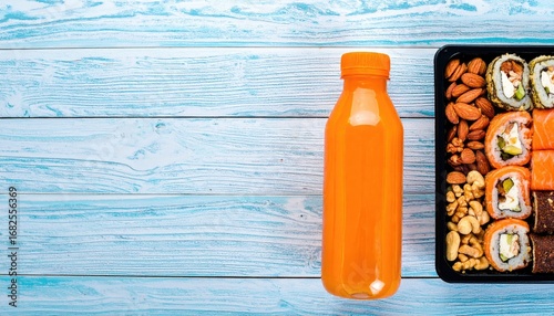 Overhead view of sushi and almonds in a black container with a bright orange juice bottle on light blue wood planks