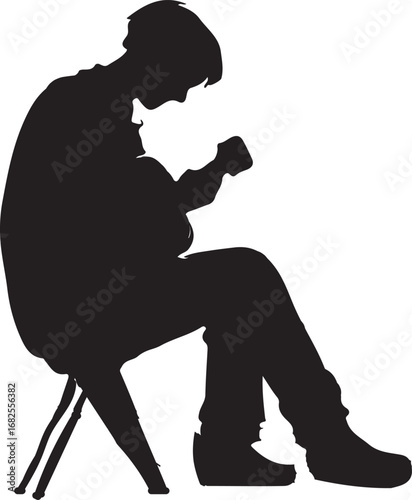 A stylized black silhouette of a person sitting on a simple stool, hunched over with their head down, possibly in contemplation or distress.