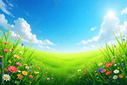 Lush green meadow bursting with wildflowers and tall grasses under a vibrant blue sky Perfect for nature, ecology, and environmental themes , rural, colorful