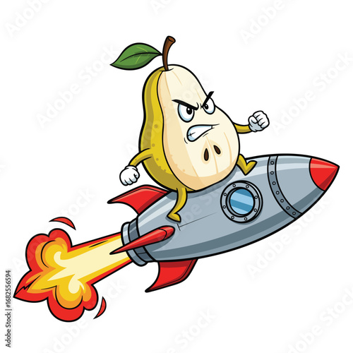 An angry cartoon pear character with a determined expression riding a blasting rocket ship.