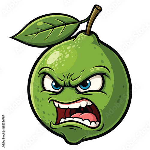 Angry green lime cartoon character with a furious shouting expression and a single leaf.