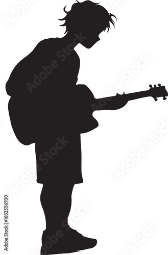 The image is a black silhouette of a person, possibly a young male, standing and playing an acoustic guitar, their head slightly bowed down in concentration.