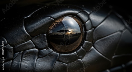 Extreme closeup of a black mamba snakes eye, reflecting a sunset with a tree in the distance