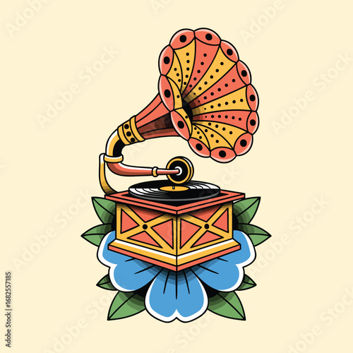Colorful old school tattoo style gramophone with a patterned horn resting on a large blue flower.
