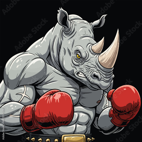 Fierce anthropomorphic rhinoceros boxer with a muscular physique and red boxing gloves.