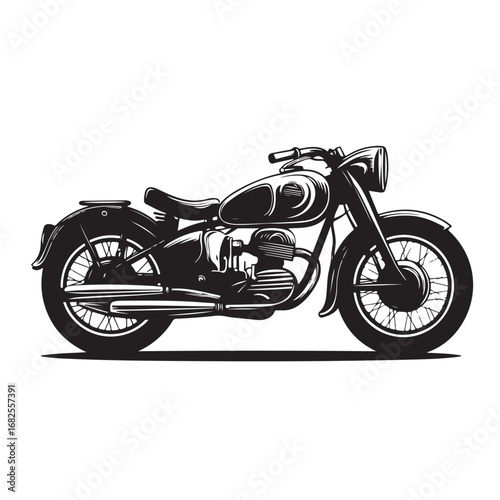 Vintage motorcycle silhouette vector illustration, classic bike design, retro motorbike, old-fashioned motorcycle, transport, vehicle, freedom, adventure, travel icon.