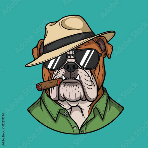 Cool bulldog gangster character wearing a fedora hat and sunglasses while smoking a cigar.