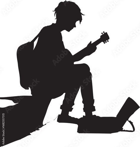The image shows a silhouette of a person sitting and playing an acoustic guitar, possibly a street musician with a backpack and a case for the instrument.