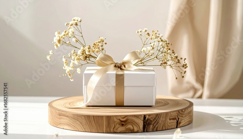 Gift box with golden ribbon atop wood slice, adorned with delicate white wildflowers, against a draped background in neutral tones, bathed in soft light