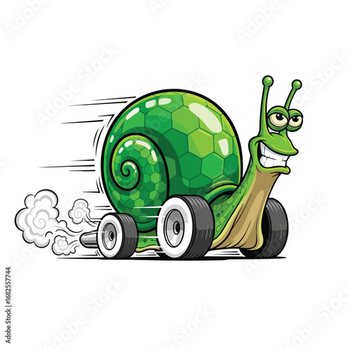 Funny cartoon racing snail with a green shell and wheels moving with incredible speed.