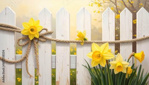Cheerful scene of daffodils adorning a white picket fence, tied with rustic rope. Soft pastel hues evoke spring's charm in a gentle, sunlit outdoor setting