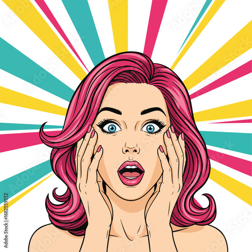 Pop art illustration of a shocked woman with vibrant pink hair and an amazed expression.
