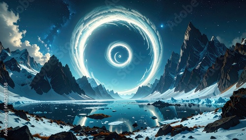 A serene landscape with jagged mountains surrounding a glacial lake, illuminated by a celestial, swirling vortex in the sky