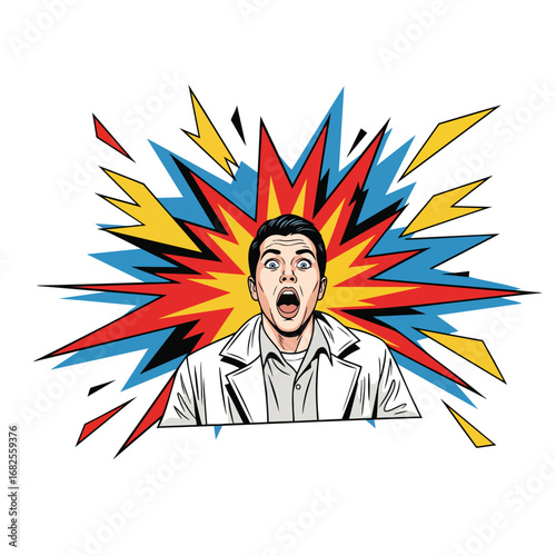 Pop art illustration of a shocked man screaming with a colorful comic book style explosion.