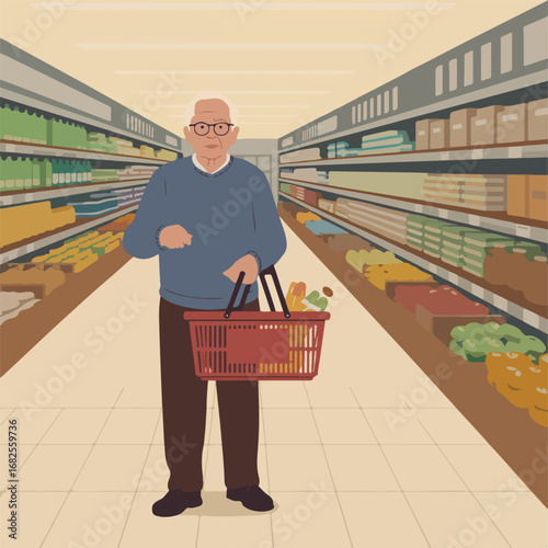 Senior man shopping for groceries in supermarket aisle illustration