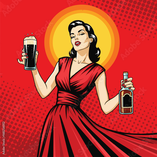 Retro pop art illustration of a beautiful woman in a red dress holding beer and liquor.