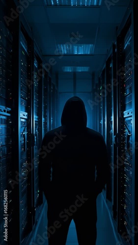 Dark Silhouette Hacker in Blue Server Room A Cyber Security Concept Illustration