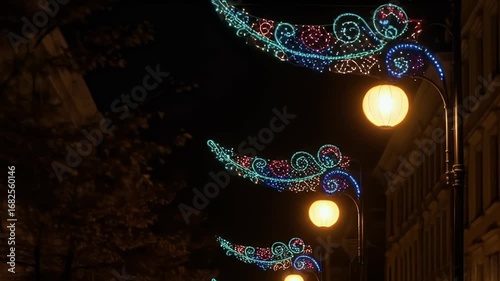 Decorative Street Lights Glowing Against a Dark Evening City Background