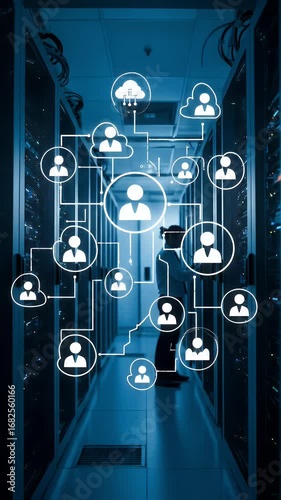 Data Center Network Server Room VR Illustration with Blue Lighting