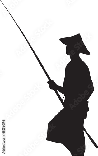 The silhouette depicts a person wearing a conical hat, holding a long fishing rod, suggesting a scene of traditional fishing in a peaceful, serene setting.