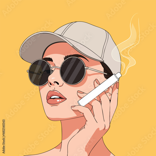 Stylish illustrated woman in a backwards baseball cap and round sunglasses vaping.