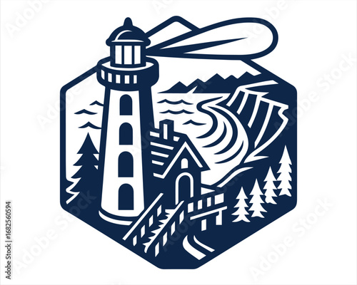 A stylized illustration featuring a lighthouse, house, and coastal landscape within a hexagon frame