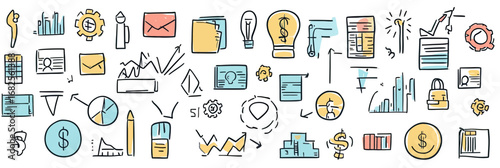 Hand drawn business finance doodle icons set with charts graphs money documents folders light bulbs creative ideas and communication symbols in flat line art style