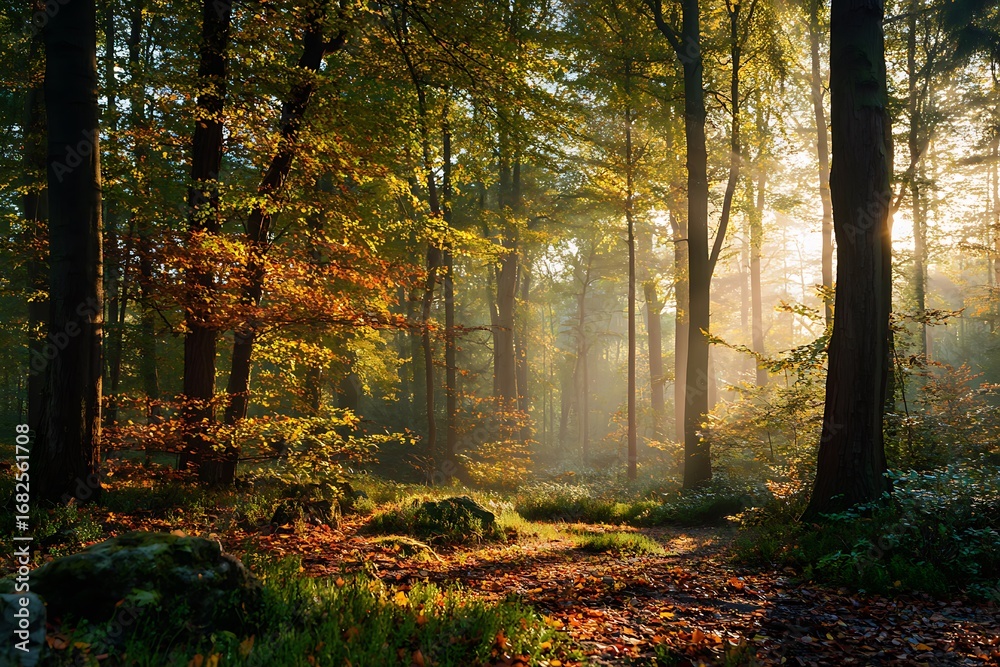Obraz premium 16. Peaceful autumn forest glade with scattered leaves, golden light streaming through the canopy 