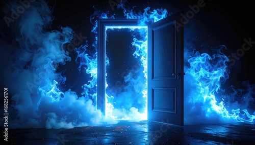 An open doorway in the dark, framed with glowing blue energy that flows like smoke. The doorway is slightly ajar and sits on a reflective surface