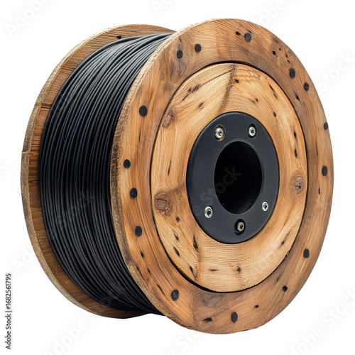 Black cable spool on rustic wooden reel industrial supply, isolated on a transparent background