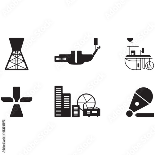 An illustrated set of black vector icons showing equipment and symbols for the oil and gas industry