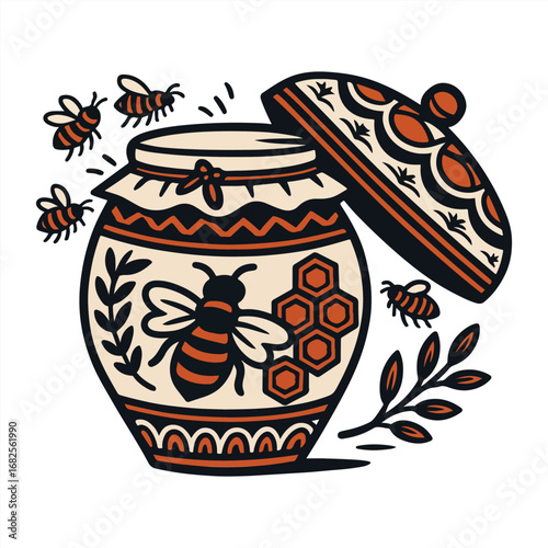 A vintage-style illustration of a honey jar with bees, honeycomb, and decorative elements in orange