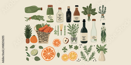 herbs and spices vector set with ingredients and sauces