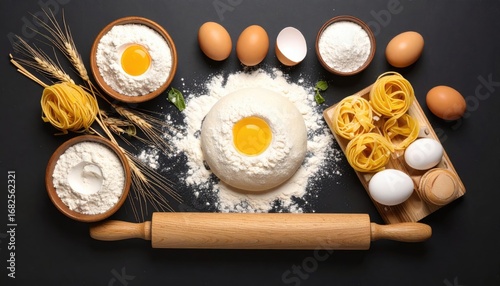 Ingredients for pasta making. Flour, eggs, and pasta are arranged on a black surface with a wooden rolling pin. Shot from above, top down view