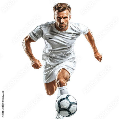 Powerful Soccer Player in Action Dynamic White Uniform Black Background, isolated on a transparent background