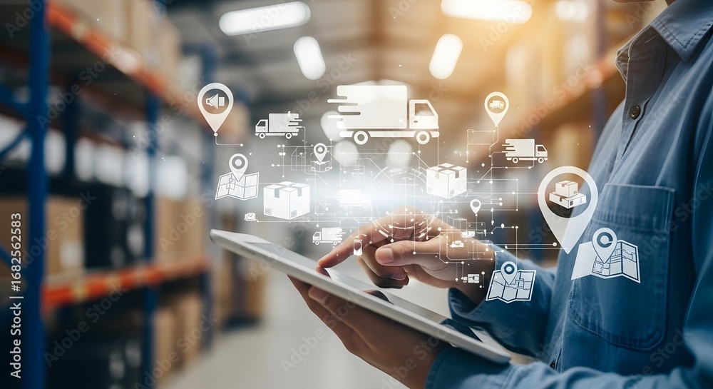 Naklejka premium Conceptual image of a supply chain manager using a tablet with a digital interface for smart warehouse logistics, inventory control, and global distribution tracking