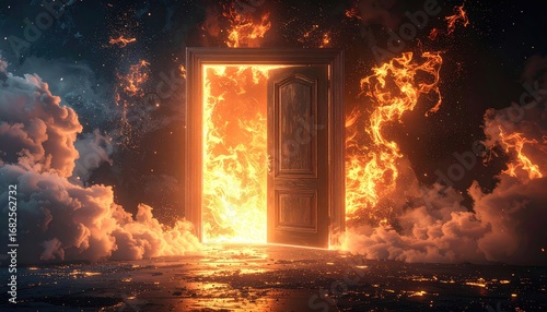 Dramatic view of a doorway engulfed in swirling flames and smoke, suggesting intense heat or an escape from peril. A surreal and fiery landscape is framed