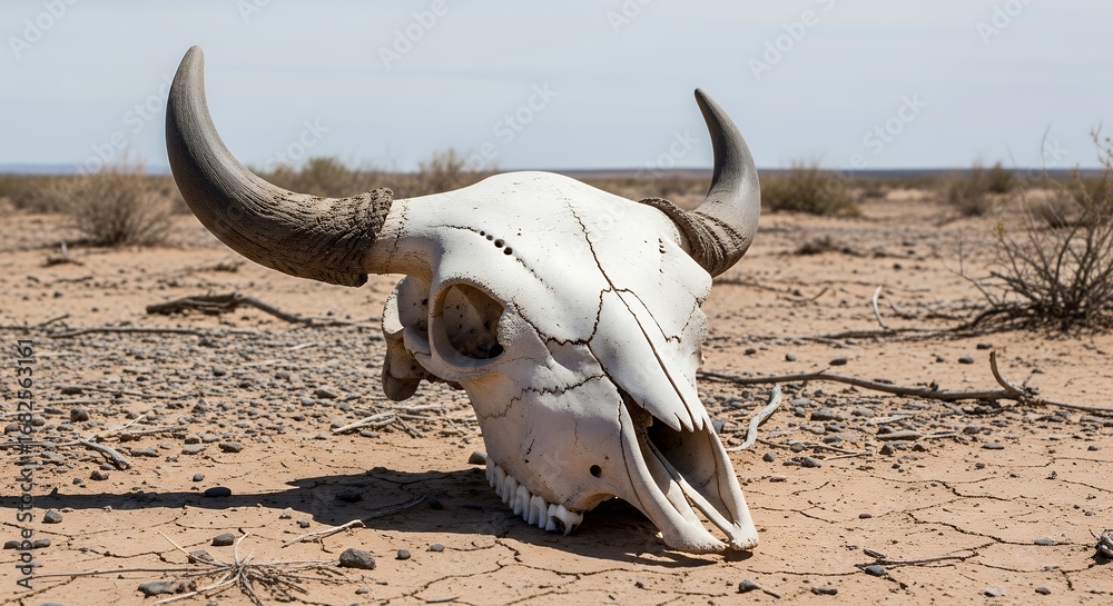 Fototapeta premium Large White Buffalo Skull with Curved Horns Lying on Dry Desert Ground under Clear Sky