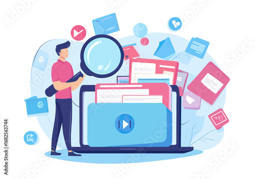 Businessman using magnifying glass to search digital files in folder on laptop screen with floating document icons concept for file management and data organization in flat vector style