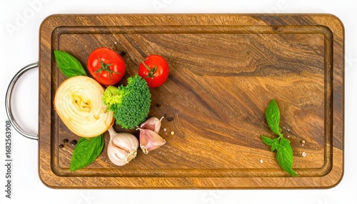 Wooden cutting board with an assortment of fresh vegetables like tomatoes, onion, broccoli, garlic and basil leaves, plus pepper corns on a white background