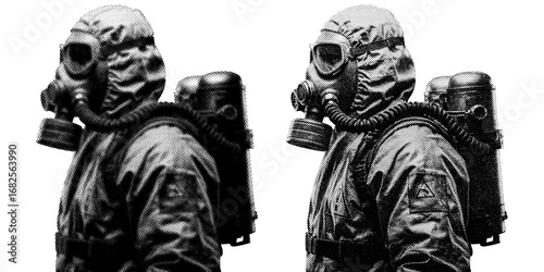 Man wearing Gasmask halftone on transparent PNG. Ideal for overlays, posters, and designs. High-res, AI-based with human edited effects. Old vintage trendy dotted pop art style.