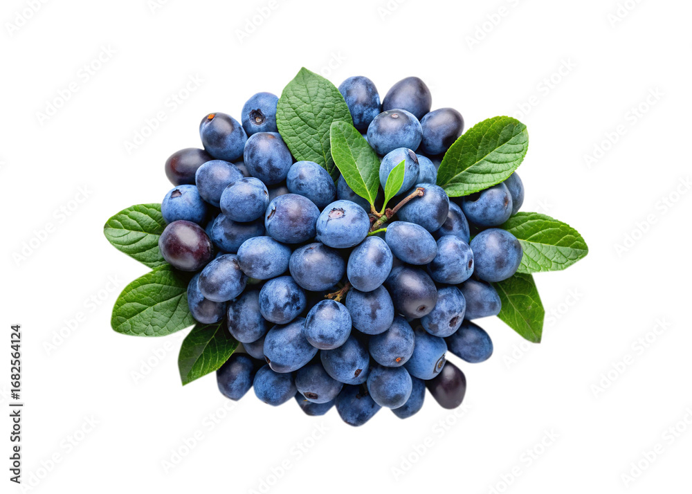 Fototapeta premium A Heap of Fresh Blueberries with Green Leaves on a White Background