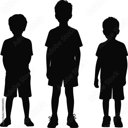 Silhouette of three boys standing together, different heights, kids in casual wear, childhood concept, isolated on white background - flat vector illustration