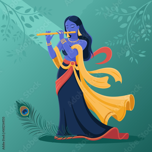 Divine Krishna-inspired figure playing the flute amidst serene nature, a beautiful vector illustration evoking spiritual harmony and traditional Indian artistry and devotion