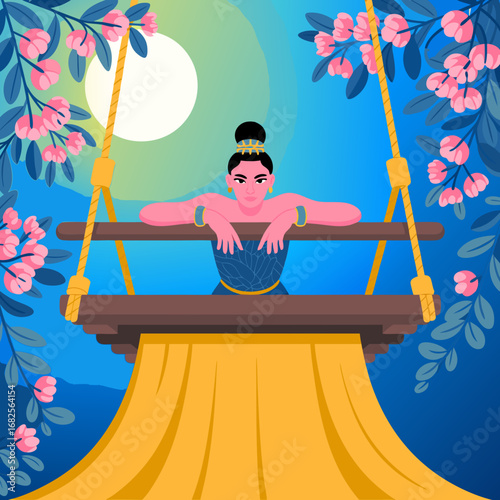 Serene vector illustration of a beautiful Indian woman dressed in traditional attire, relaxing on a swing under the moonlight with blooming flowers surrounding her, cultural essence