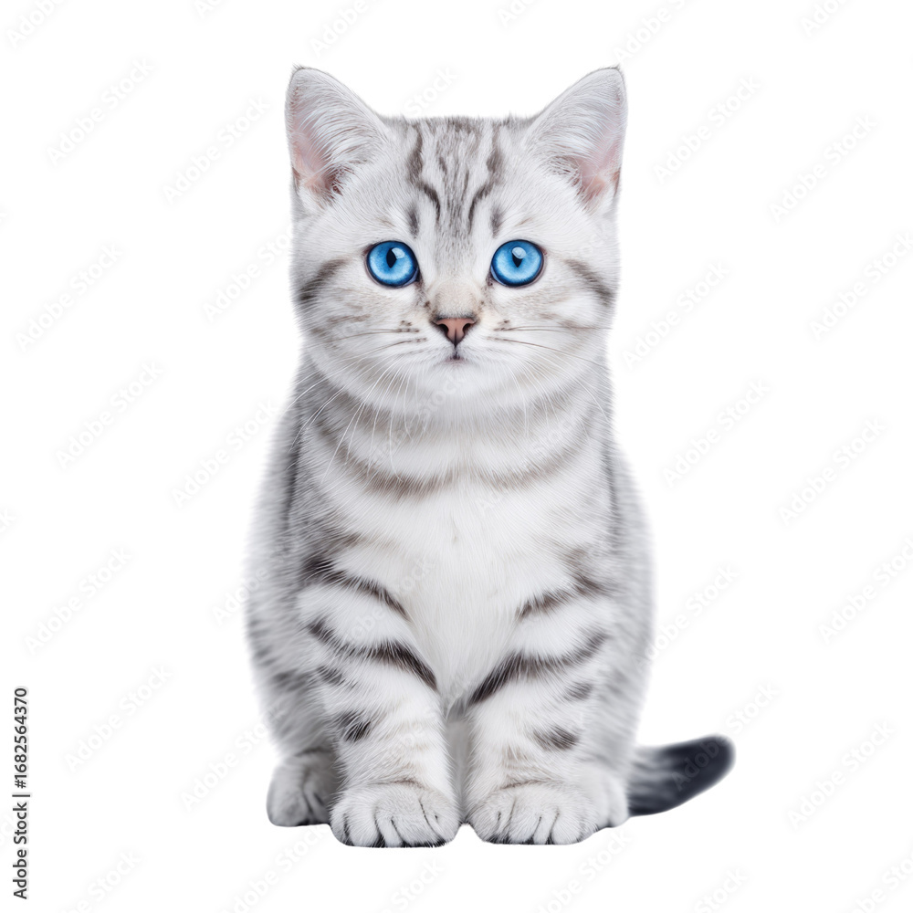 Fototapeta premium Adorable domestic cat with striking blue eyes and soft silver fur, sitting gracefully against a clean background