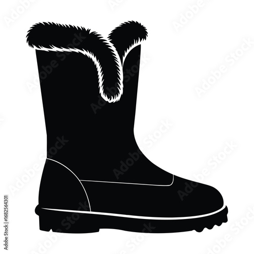 Cowhide Snow Shoes Women Short Boots Silhouette, Vector, Illustration, Outline, Line Art, Icon, White Background.
