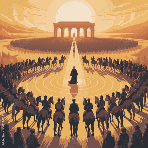 Krishna's Vectorial Arrival A Symbolic Gathering in a Golden Circle, Witnessed by Riders Under the Setting Sun