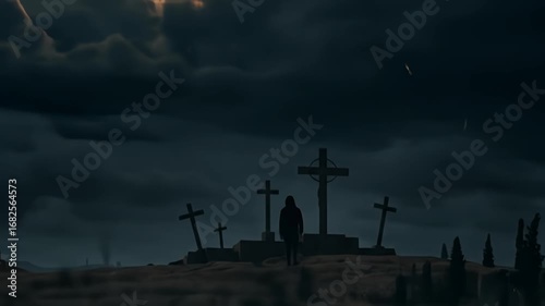 Dramatic Landscape Silhouette At A Cemetery Under Dark Cloudy Sky